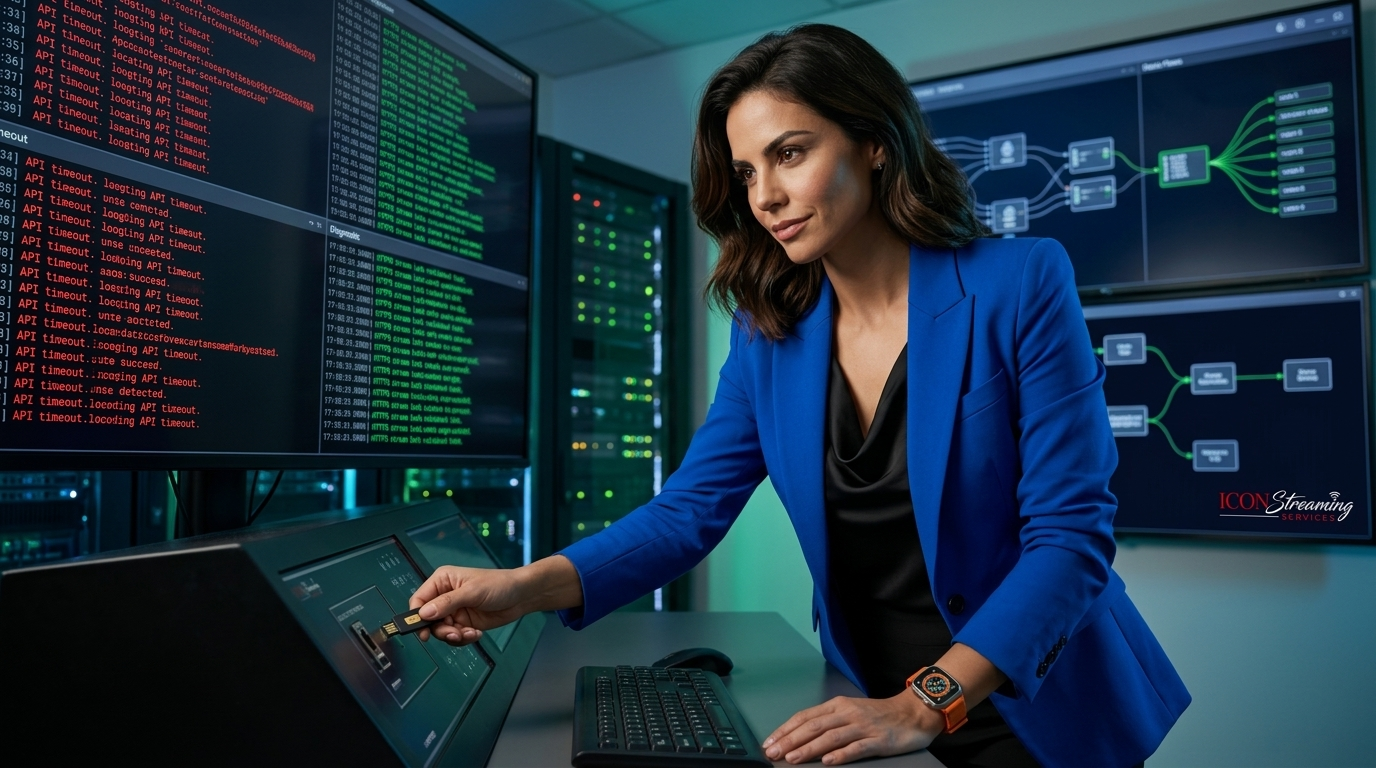 Dot Picazo en blazer azul cobalto ceñido validando llaves de seguridad TLS ante fallo de API perimetral en NOC