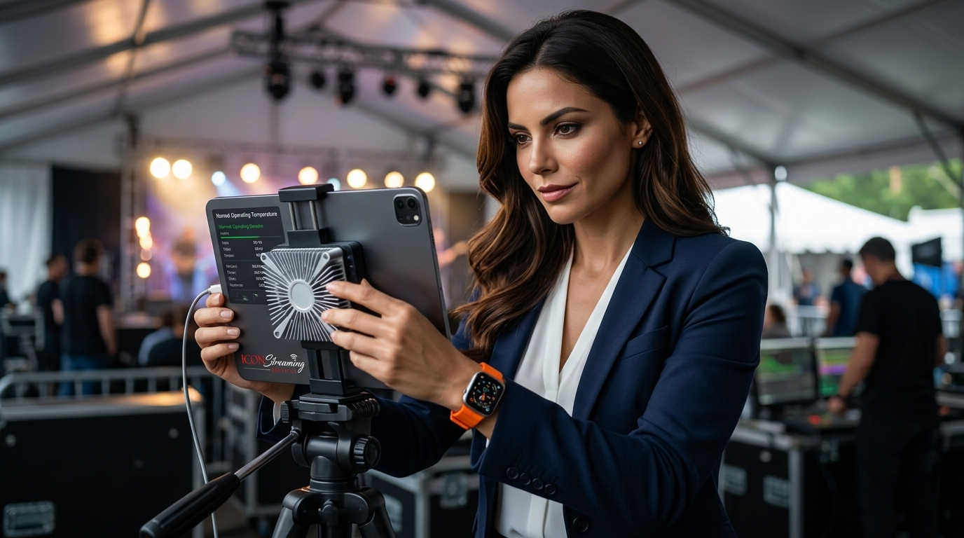 Dot Picazo en blazer azul marino ceñido instalando disipador activo en iPad Pro en evento en campo