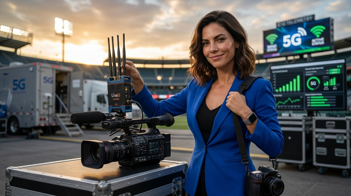 Dot Picazo en blazer azul rey ceñido ajustando la unidad LiveU LU900Q en área de estadio