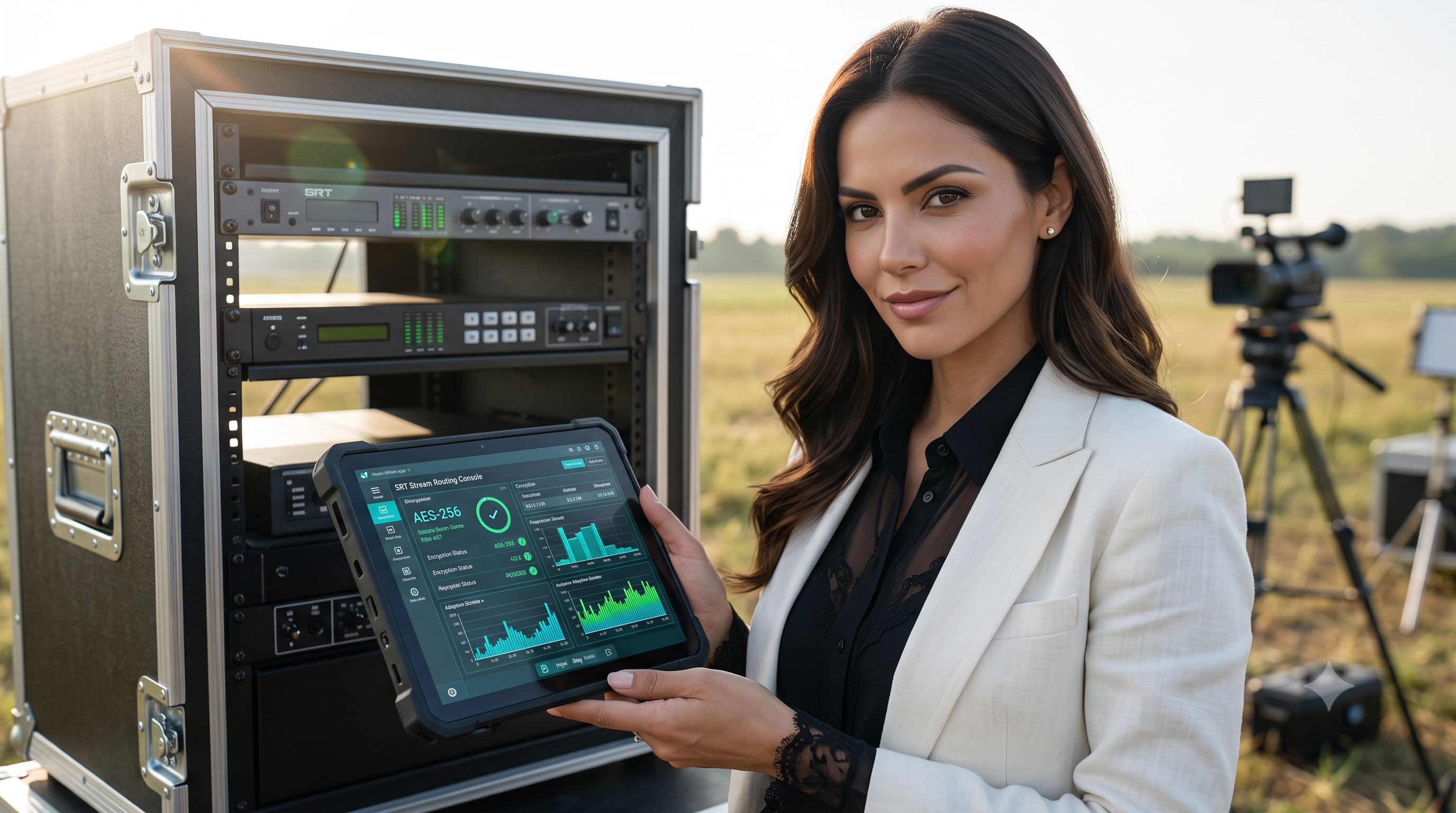 Dot Picazo revisando enlace SRT con cifrado AES-256 en rack de campo
