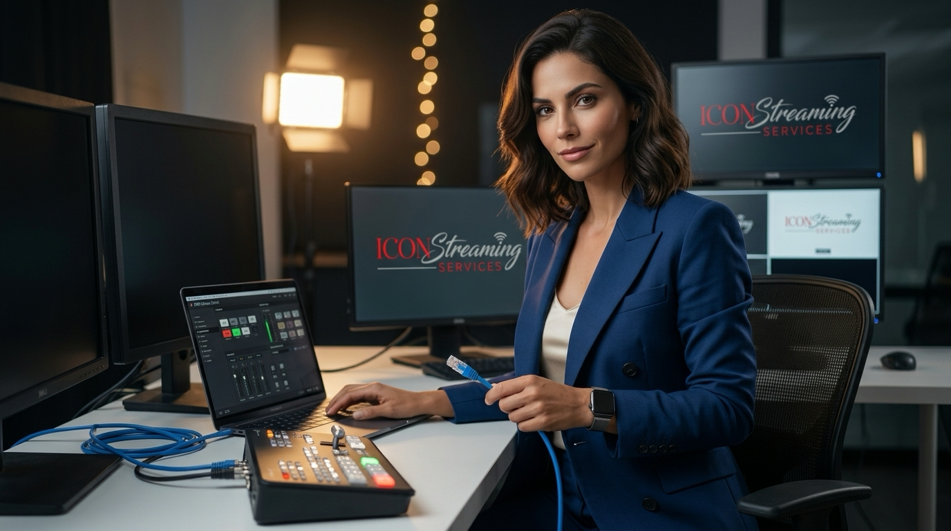 Dot Picazo en traje azul índigo configurando transmisión directa SRT en mezclador Blackmagic ATEM
