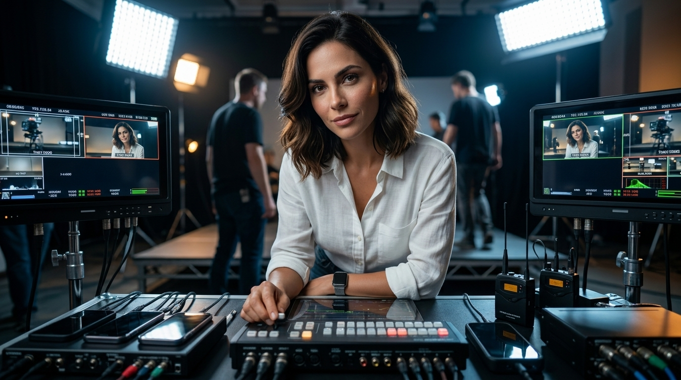 Dot Picazo en traje blanco roto calibrando control multicámara en Blackmagic Camera para iOS